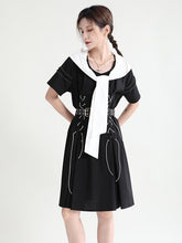 Retro Lace-Up Navy Collar Short Sleeve Midi Dress