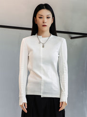 Simple Black Irregular Collar Stitching Casual Long-Sleeved T-Shirt