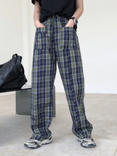 Women Retro Check Straight Leg Wide Leg Loose Casual Pants