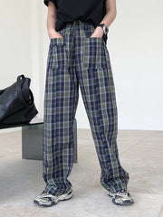 Women Retro Check Straight Leg Wide Leg Loose Casual Pants