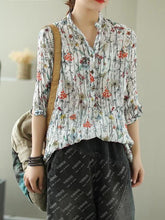 Vintage Printed Splicing Loose Three-Quarter Sleeve Stand Collar Shirt