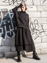 Black Solid Sweatshirt&Skirt Suits
