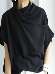 Casual Irregular Solid Color Pleated Heaps Collar Short Sleeves T-Shirt