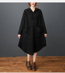 Women Big Pocket Solid Color Hooded Loose Dress