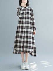 Women Lapel Plaid Casual Shirt Midi Dress