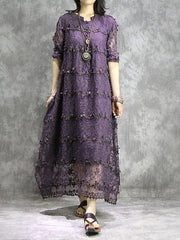 Loose Solid Hollow Flower Embroidered Maxi Dresses