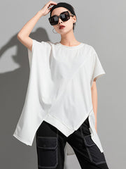 Asymmetrical Zipper Loose Round Neck Simple T-Shirt