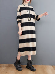 Loose High Neck Wide Striped Knitted Sweater Dress