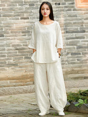 White&Beige Round-neck Ramie Cotton T-shirt