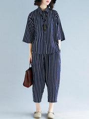 Two-Pieces Stripe Loose Three-Quarter Sleeve Lapel Suits