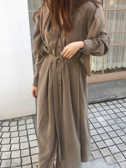 Simple And Elegant V-Neck Long Sleeve Lace-Up Waist Midi Dress