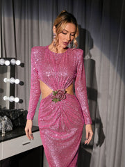 Aviva Long Sleeve Cutout Sequin Maxi Dress In Pink