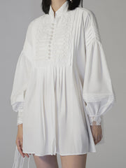 Retro Solid Color Lantern Sleeve Shirt Dress