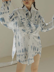 Original Roomy Long Sleeves Buttoned Contrast Color Stamped Lapel Collar Mini Dresses