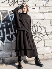 Black Cropped Pleated A-Line Skirt