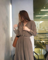 Simple And Elegant V-Neck Long Sleeve Lace-Up Waist Midi Dress