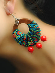 Vintage Wood Cloth Embroidered Earrings