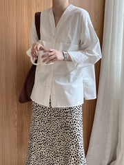 Solid Color Simple Long Sleeve V-Neck Shirt