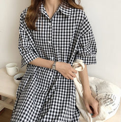 Women Lapel Plaid Print Casual Dress