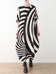 Asymmetric Striped Chiffon Half Sleeves Long Dress