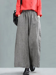 Leisure Ramie Cotton Plaid Wide-leg Pants