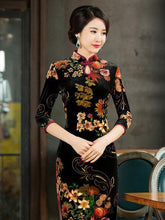 Velvet Flower Print Half Sleeves Long Cheongsam
