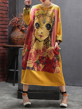 Retro Cartoon Print Round Neck Loose Midi Dress