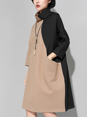 Half High Collar Color Matching Straight Midi Dress