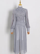 Women Lantern Sleeve Plaid Pleated Dress