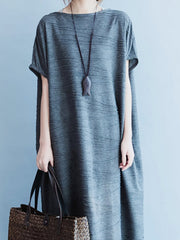 Retro Solid Color Short Sleeve T-Shirt Midi Dress