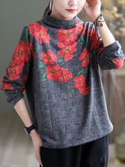 Retro Floral Printed Half-Neck Sweatshirt