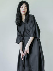 Simple Black Lace-up Batwing Sleeves Dress