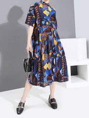 Printed Pleated Short Sleeves Shirt Dress