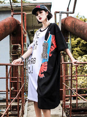 Loose Contrast Color Lettered Beaded Round Neck T-Shirt Dress