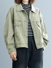 Women Lapel Solid Denim Jacket
