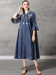 Original Applique Flared Sleeve Denim Dress