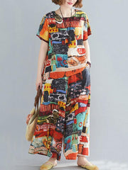Two-Pieces Loose Printed T-Shirt And Pants Suit