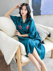 Strawberry Print Striped Ice Silk Loose Pajamas