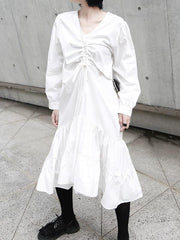 Solid Ruffled Cropped Drawstring Hemline Midi Dress