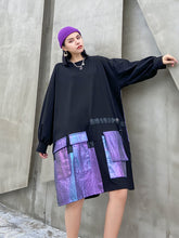 Women Stitching Big Pocket Long Sleeve Dress