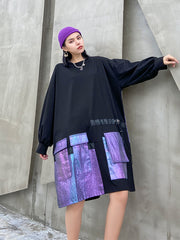 Women Stitching Big Pocket Long Sleeve Dress