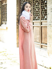 Pink Long Sleeves Ramie Cotton Long Dress