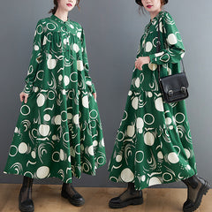 Vintage Print Long Sleeve Midi Dress