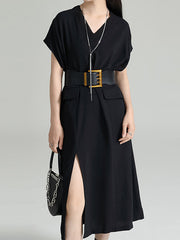 Pockets Pure Color Split-Side Roomy Raglan Sleeve V-Neck Midi Dresses