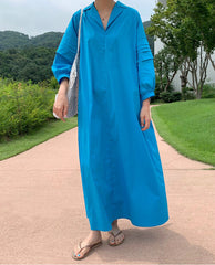 Solid Color Pleated Half-Open Collar Maxi Dress