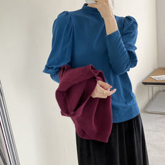 Half High Collar Solid Color Lantern Sleeve T-Shirt