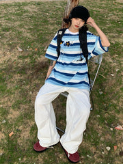 Loose Embroidered Printed Striped Crew Neck T-Shirt