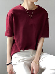 Women Loose Slim Round Neck Solid Color T-Shirt