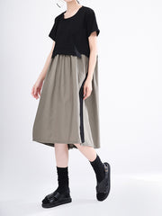 Round Neck Contrast Color Stitching Geometric Pattern Midi Dress