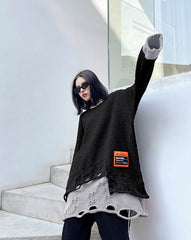 Contrasting Color Long-Sleeved Ripped Loose Sweatshirt